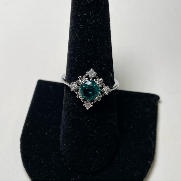 Elegant Silver Tone and Teal and Cubic Zirconia Ring Size 7.75 - Picture 2 of 5